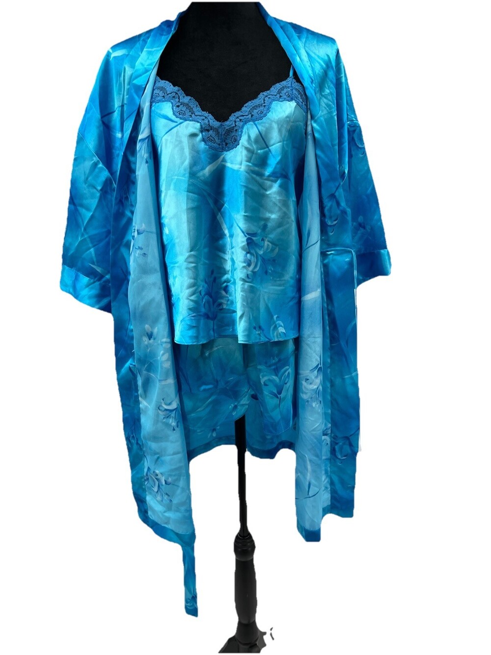 Y2K Evandale Intimates Blue Floral Satin Robe Lingerie Short Set Size Medium
